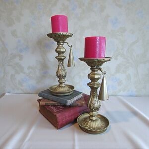 Vintage Antique Gold Metal Candle Holders & Snuffers Ornate Colonial Renaissance